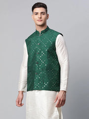 Men's Green Mirror Work Embroidered Nehru Jacket( JOWC 4040 Green )