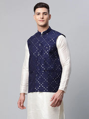 Men's Navy Mirror Work Embroidered Nehru Jacket( JOWC 4040 Navy )