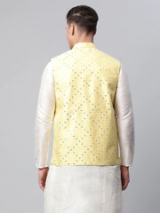 Men's Yellow Mirror Work Embroidered Nehru Jacket( JOWC 4040 Yellow )
