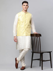 Men's Yellow Mirror Work Embroidered Nehru Jacket( JOWC 4040 Yellow )
