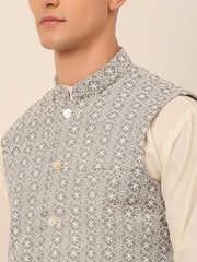 Men's Grey Embroidered Nehru Jackets ( JOWC 4041 Grey )