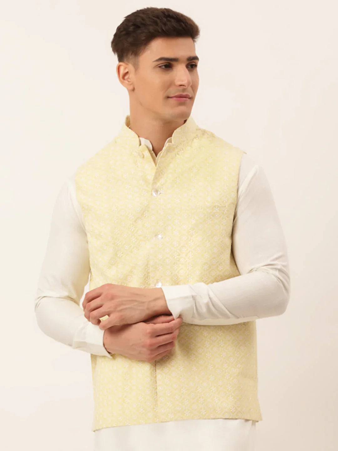 Men's Lemon Embroidered Nehru Jackets( JOWC 4041 Lemon )