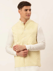 Men's Lemon Embroidered Nehru Jackets( JOWC 4041 Lemon )