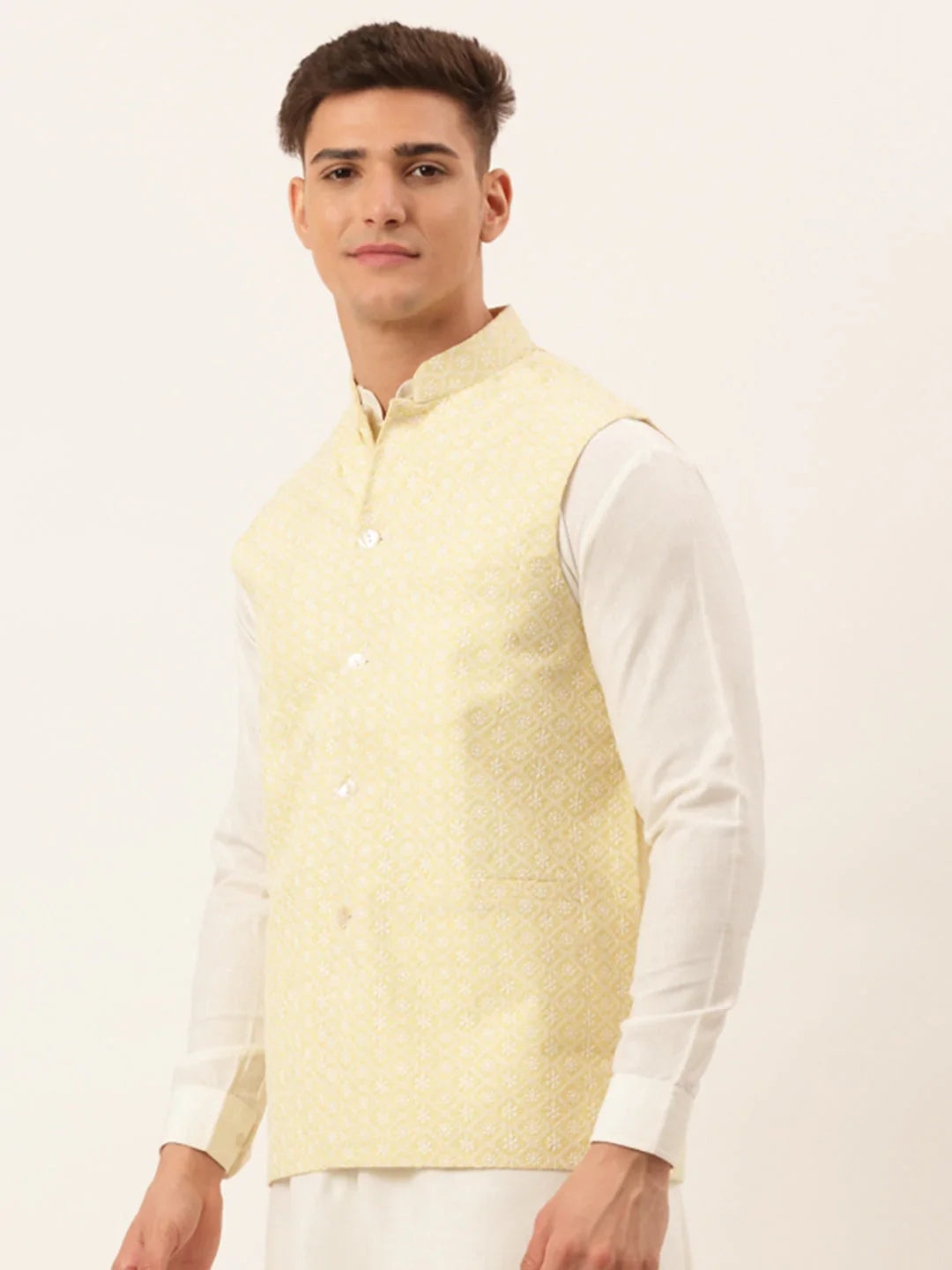DesiQlo Men Waistcoat Nehru Jacket - Yellow - JOWC_4041Lemon_S