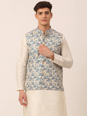 Men's Blue Floral Design Nehru Jacket.( JOWC 4042 Blue )