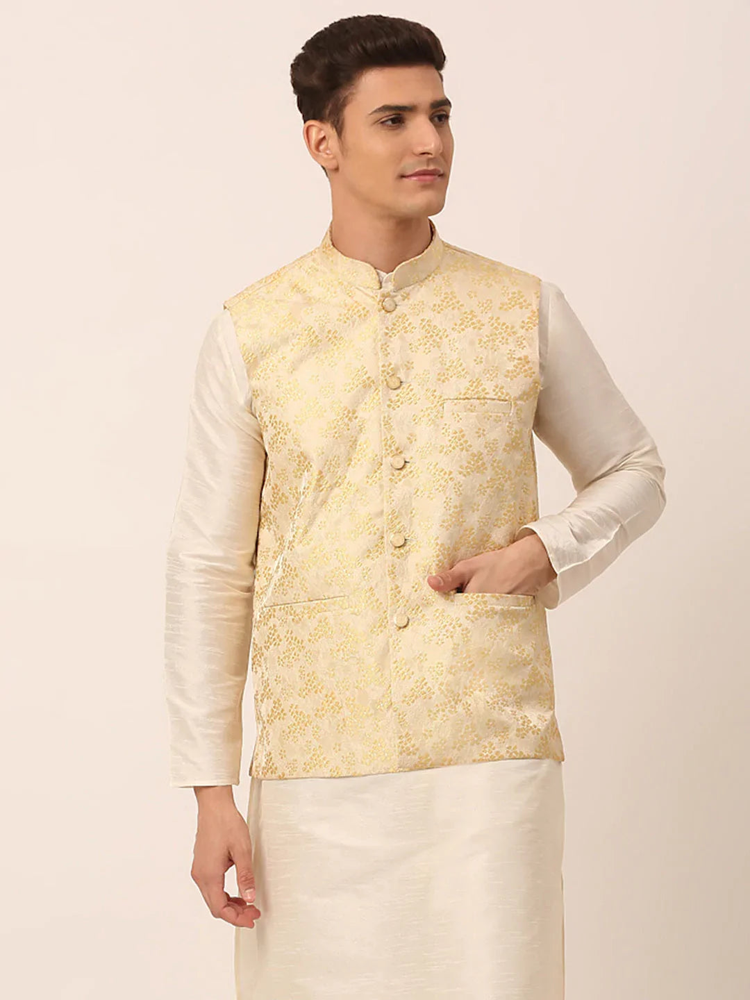 Men's Golden Floral Design Nehru Jacket.( JOWC 4042 Golden )