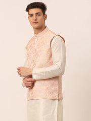 Men's Pink Floral Design Nehru Jacket.( JOWC 4042 Pink )