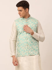 Men's Sky Blue Floral Design Nehru Jacket.( JOWC 4042 Sky )