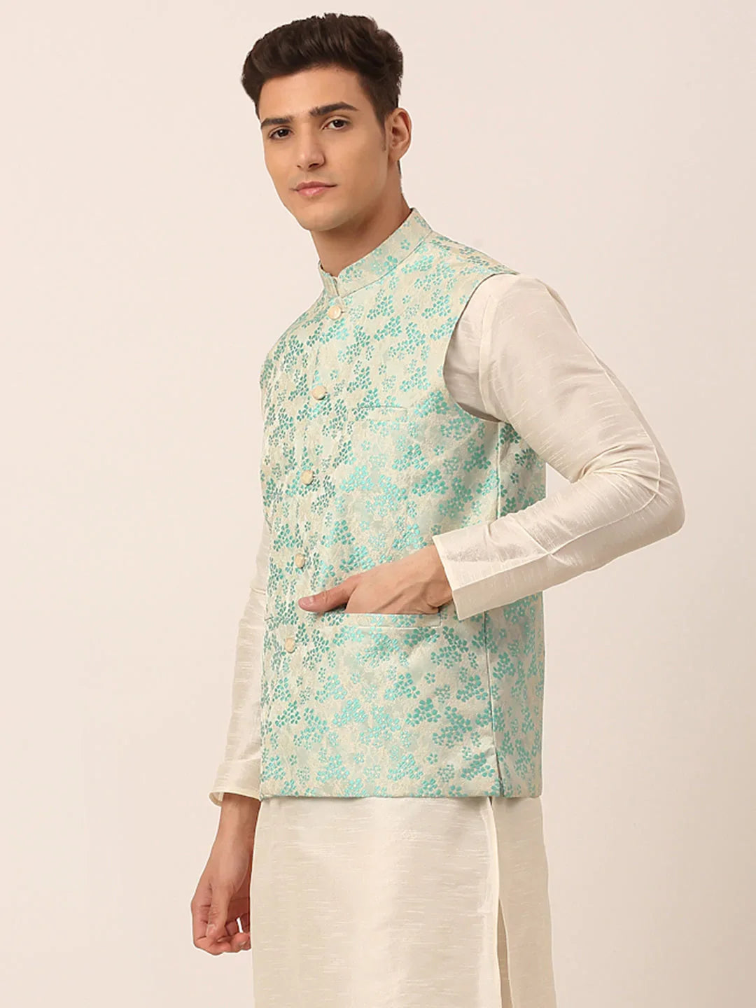 DesiQlo Men Waistcoat Nehru Jacket - Blue - JOWC_4042Sky_S