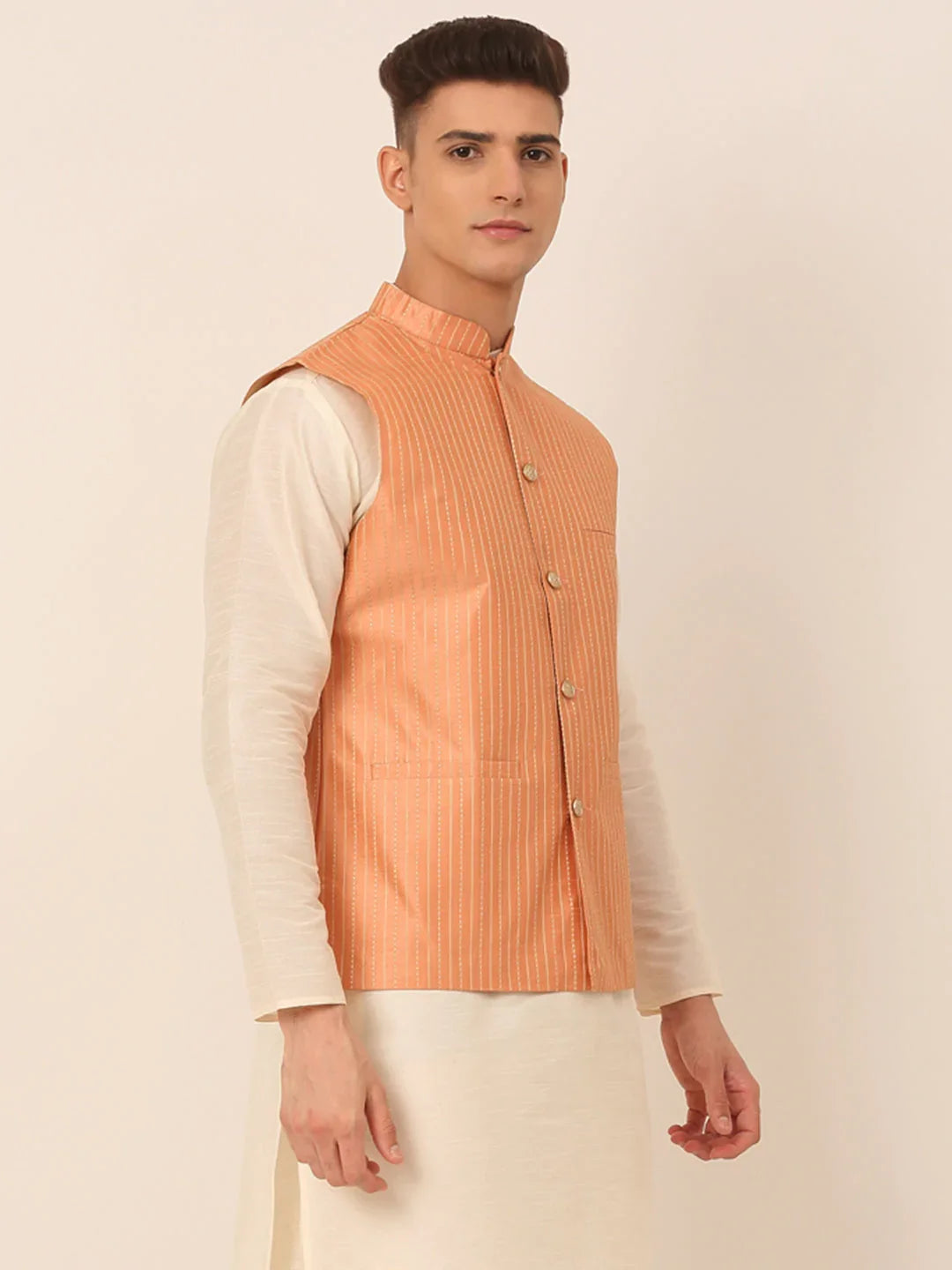 DesiQlo Men Waistcoat Nehru Jacket - Orange - JOWC_4043Peach_S