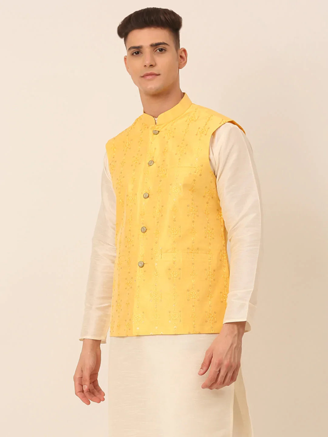 DesiQlo Men Waistcoat Nehru Jacket - Yellow - JOWC_4044Yellow_S
