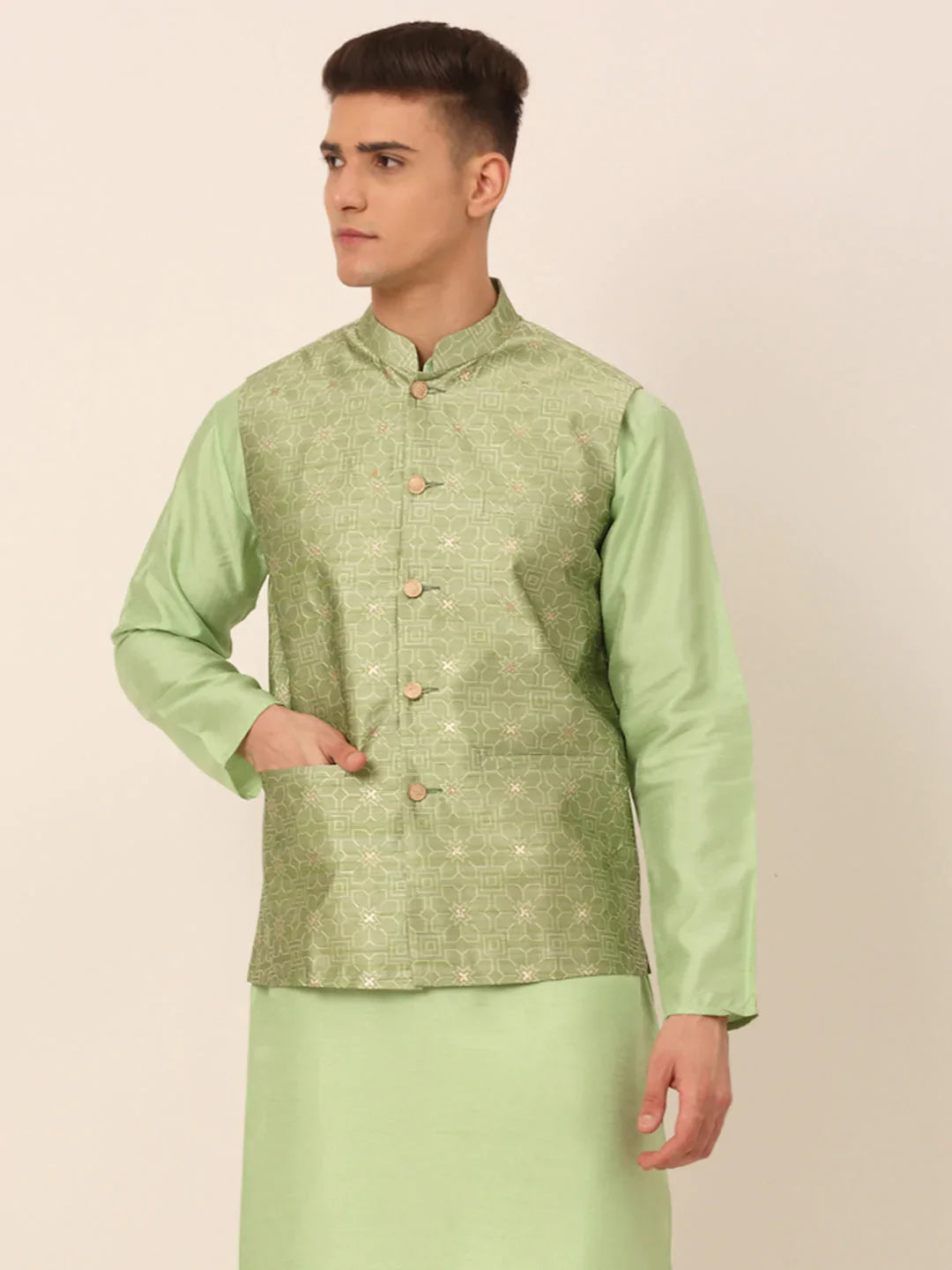 DesiQlo Men Waistcoat Nehru Jacket - Green - JOWC_4045Pista_S