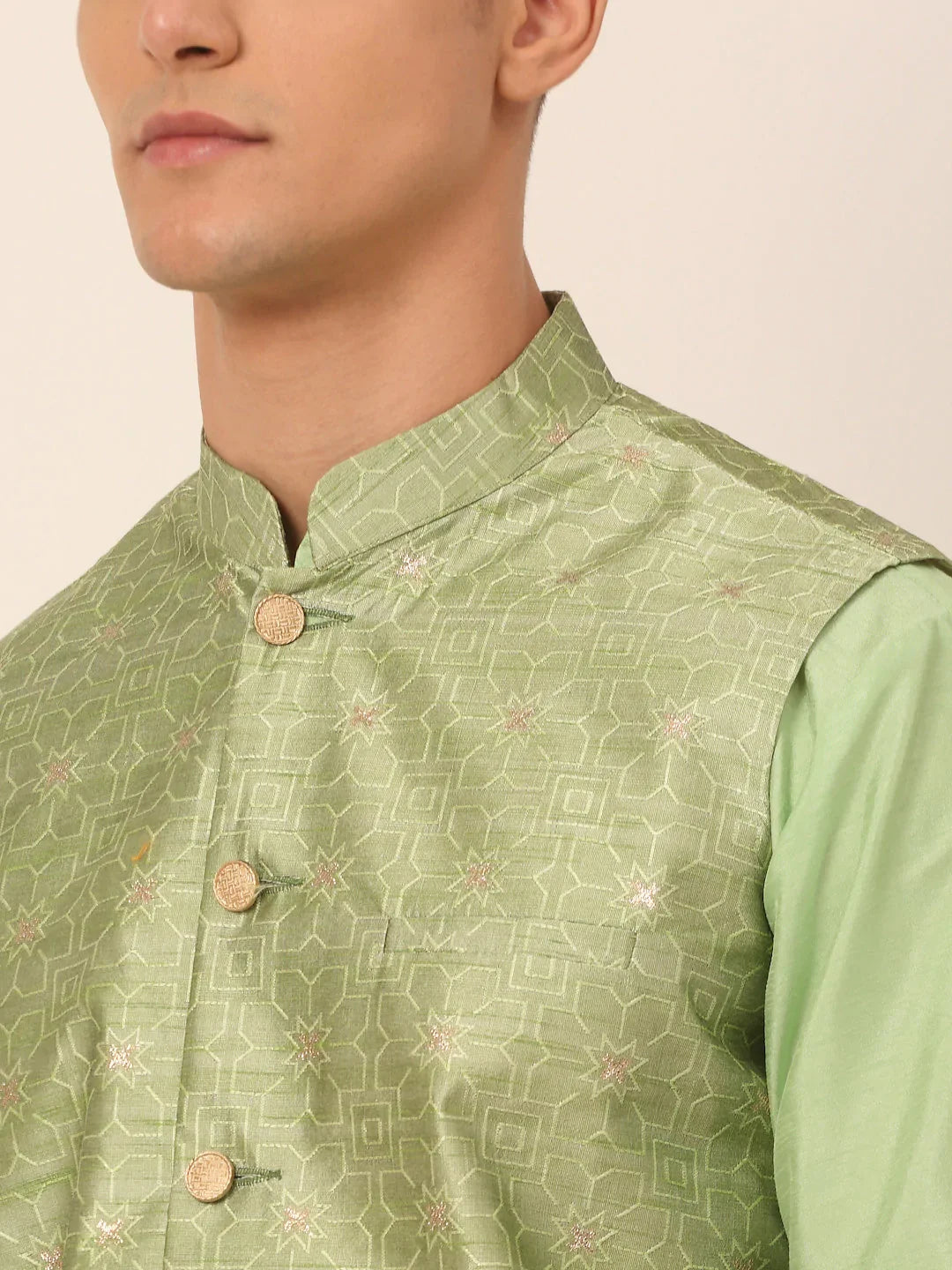 DesiQlo Men Waistcoat Nehru Jacket - Green - JOWC_4045Pista_S