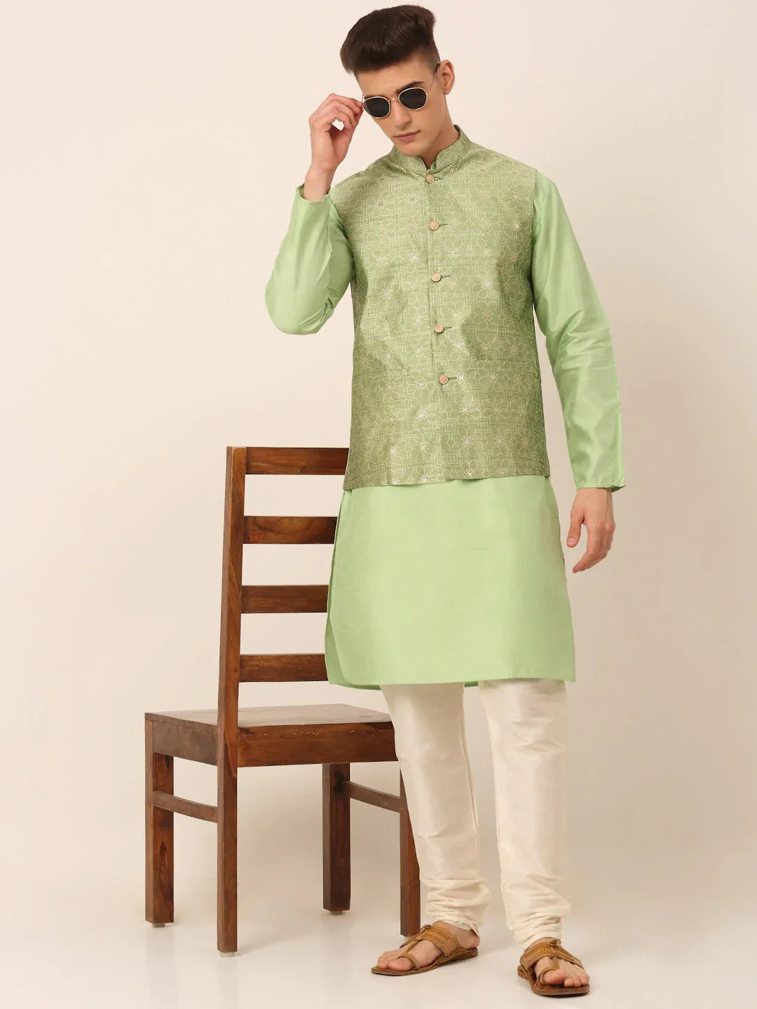 DesiQlo Men Waistcoat Nehru Jacket - Green - JOWC_4045Pista_S