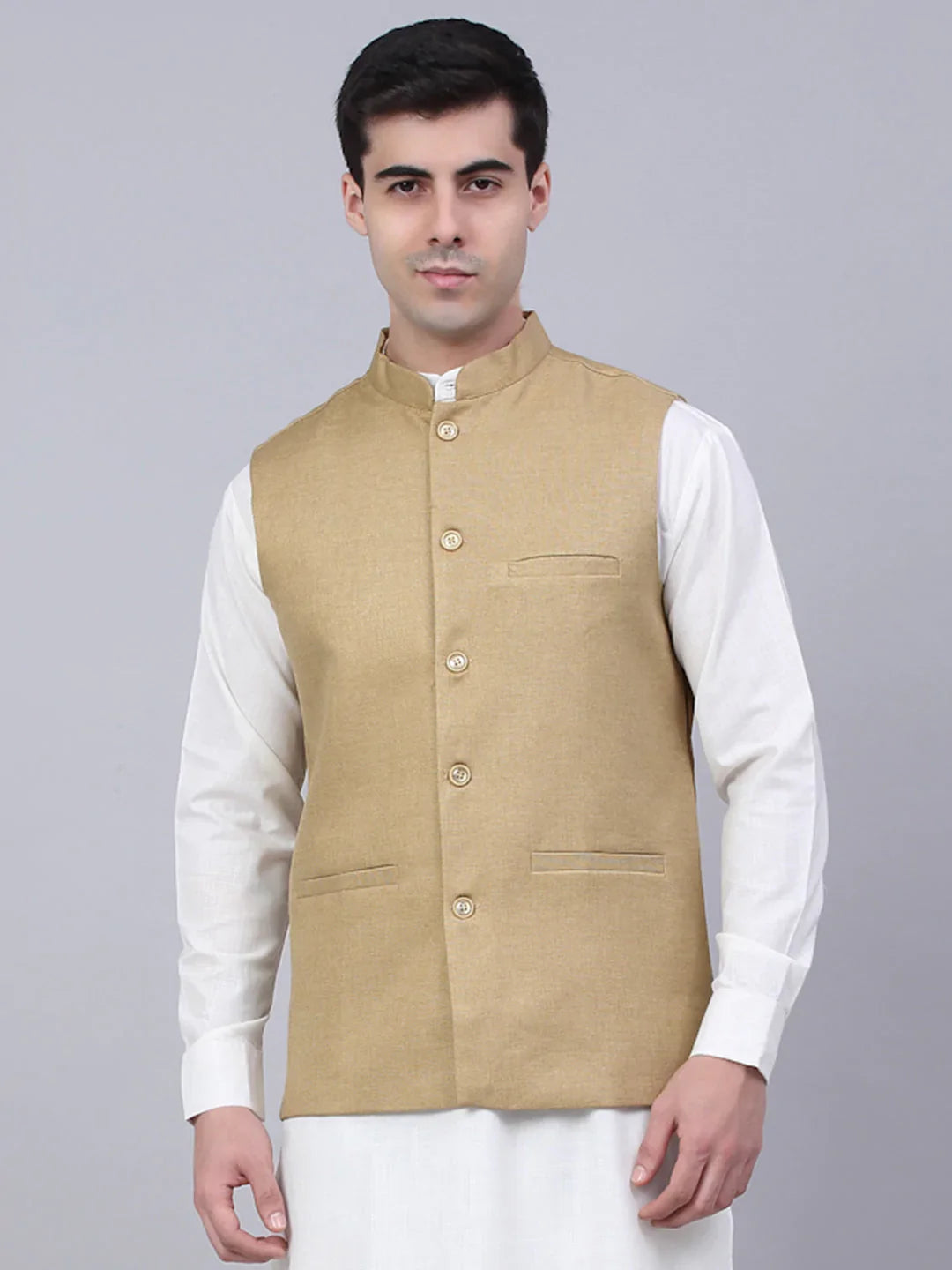 DesiQlo Men Waistcoat Nehru Jacket - Beige - JOWC_4046Beige_S