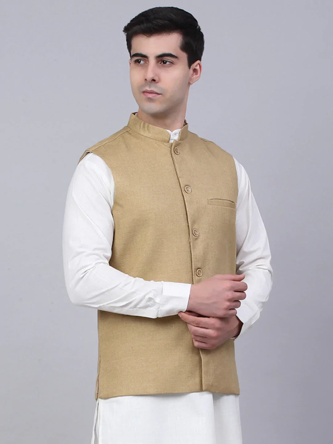 DesiQlo Men Waistcoat Nehru Jacket - Beige - JOWC_4046Beige_S