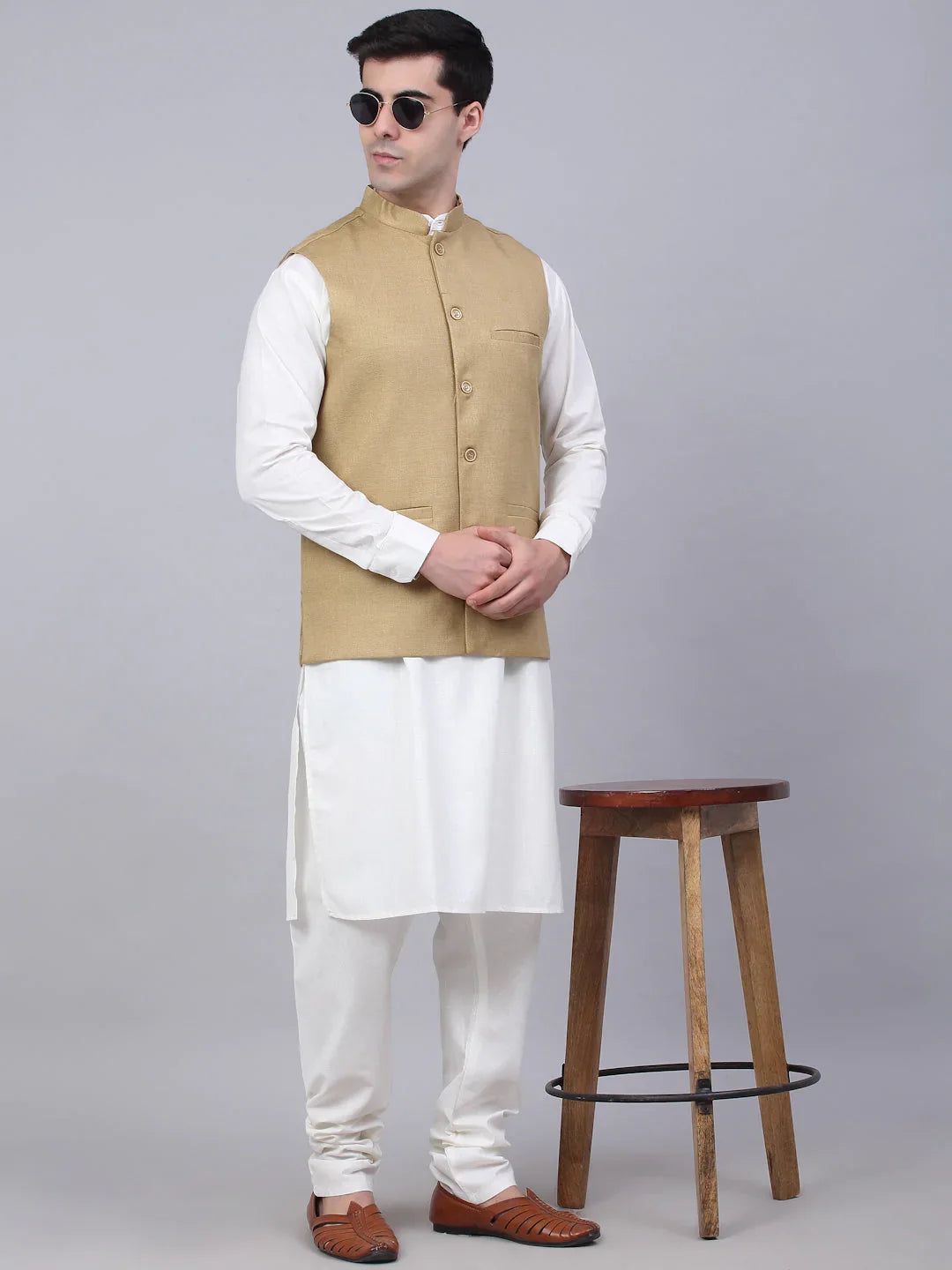 DesiQlo Men Waistcoat Nehru Jacket - Beige - JOWC_4046Beige_S