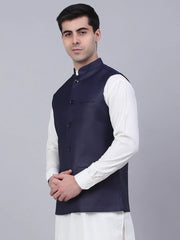 Men Navy Blue Solid Woven Sleeveless Nehru Jackets ( JOWC 4046 Navy )