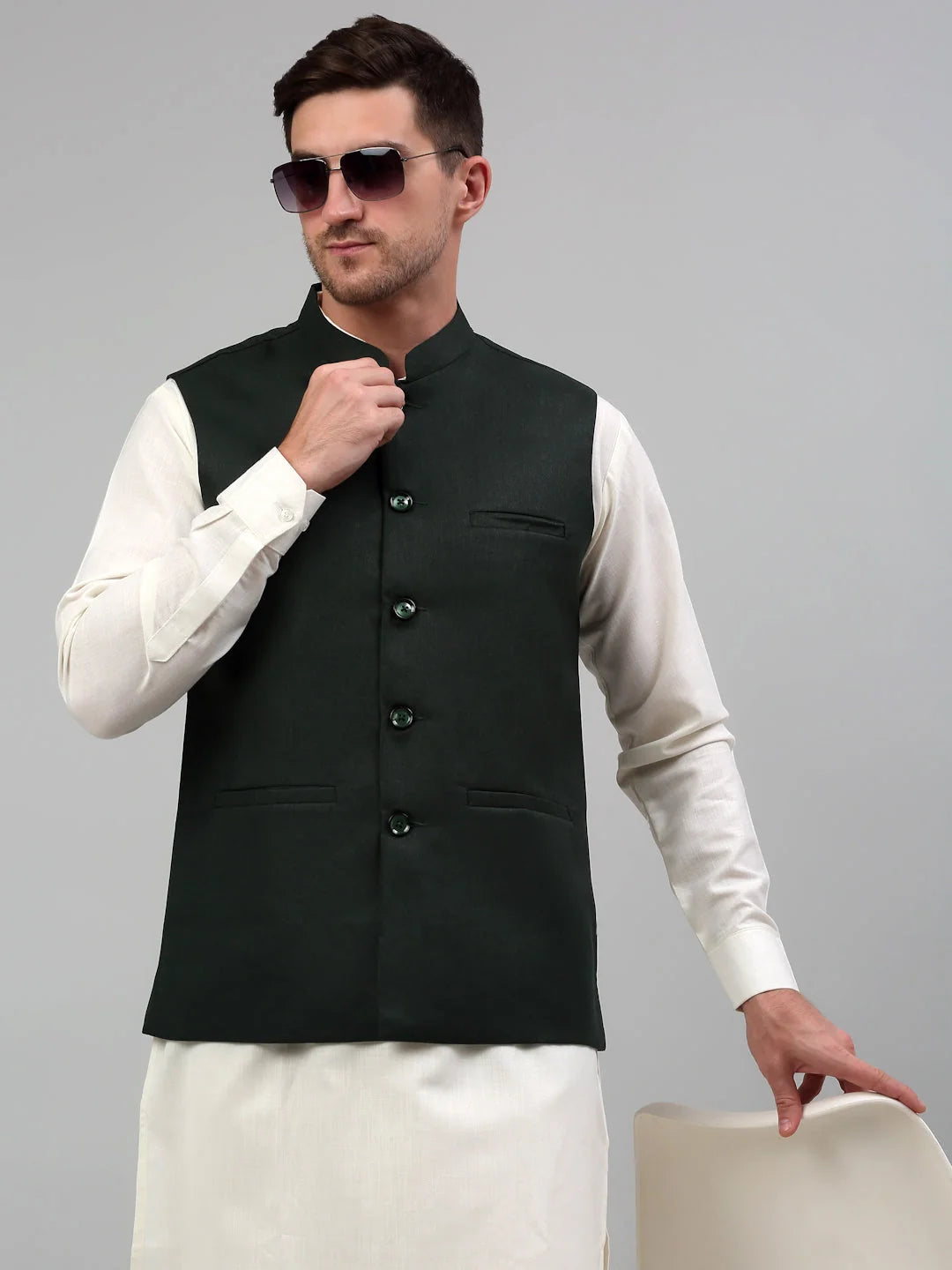 Olive Green Cotton Nehru Jacket - Ethnic Nehru Jackets for Men