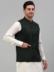 Men Olive Green Solid Nehru Jacket
