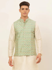 Men Green Embroidered Nehru Jacket ( JOWC 4047 Green )
