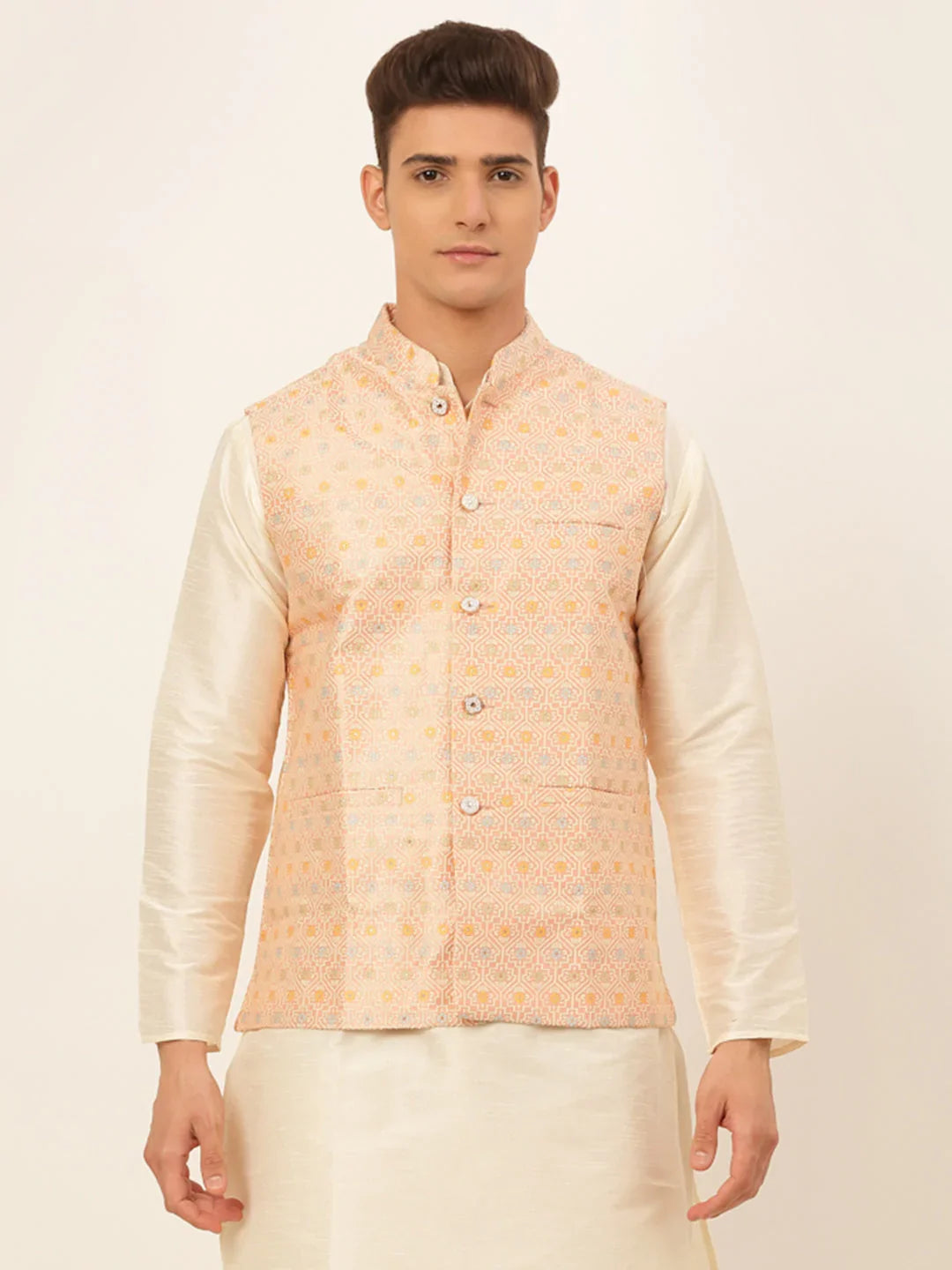 DesiQlo Men Waistcoat Nehru Jacket - Pink - JOWC_4047Pink_S