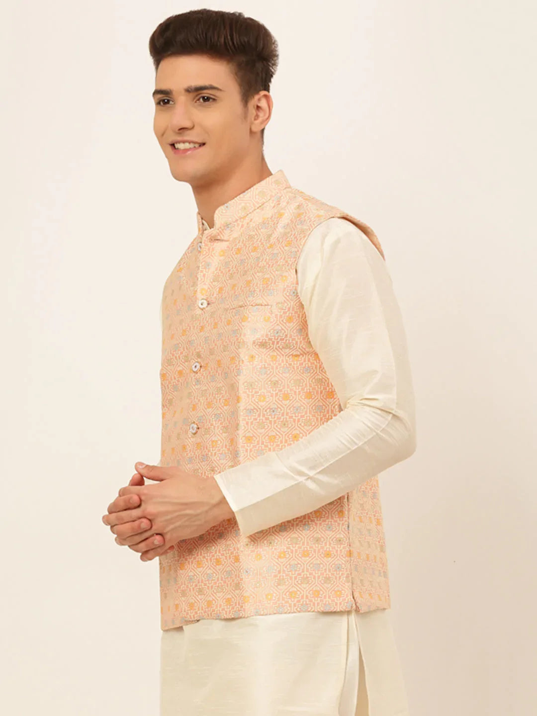 DesiQlo Men Waistcoat Nehru Jacket - Pink - JOWC_4047Pink_S