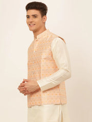 Men Pink Embroidered Nehru Jacket ( JOWC 4047 Pink )