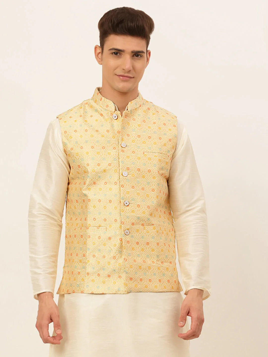 DesiQlo Men Waistcoat Nehru Jacket - Yellow - JOWC_4047Yellow_S