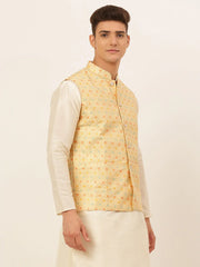 Men Yellow Embroidered Nehru Jacket ( JOWC 4047 Yellow )