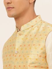 Men Yellow Embroidered Nehru Jacket ( JOWC 4047 Yellow )