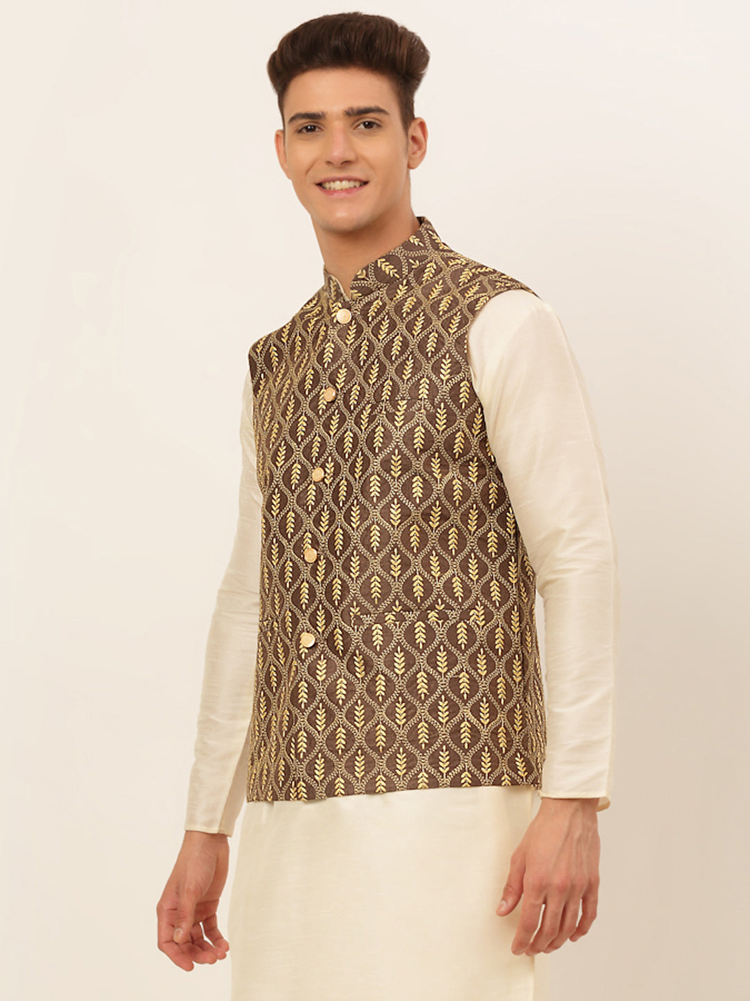 Brown Embroidered Nehru Jacket: Stylish Men's Ethnic Waistcoat