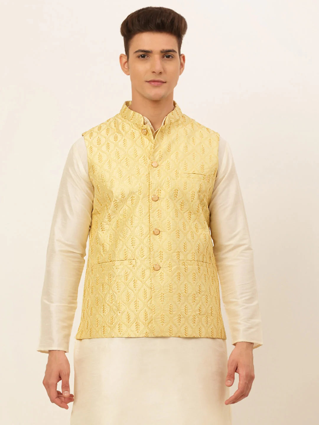 Golden Cotton Nehru Jacket: Men's Ethnic Wear | Waistcoat