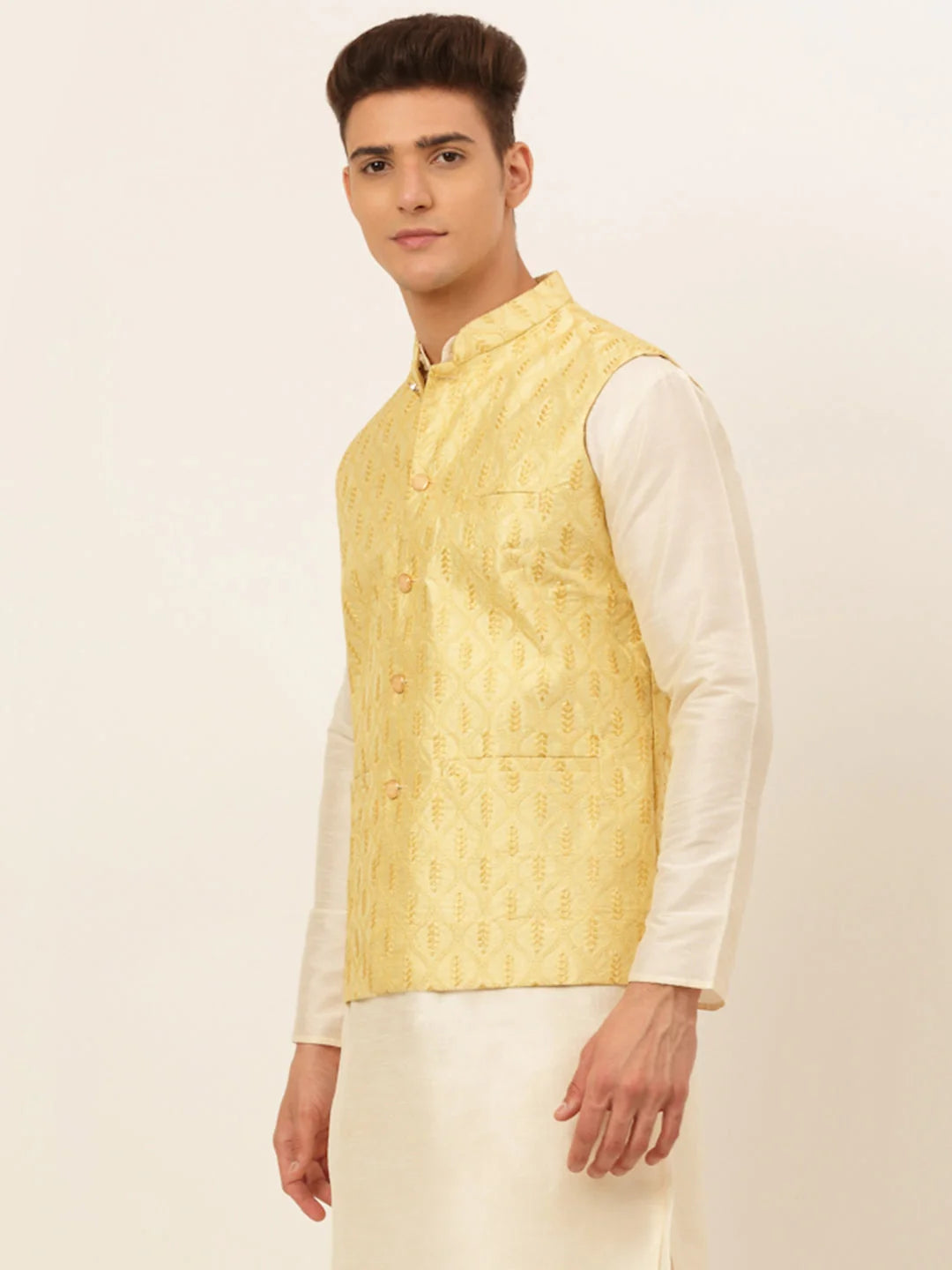 Golden Cotton Nehru Jacket: Men's Ethnic Wear | Waistcoat