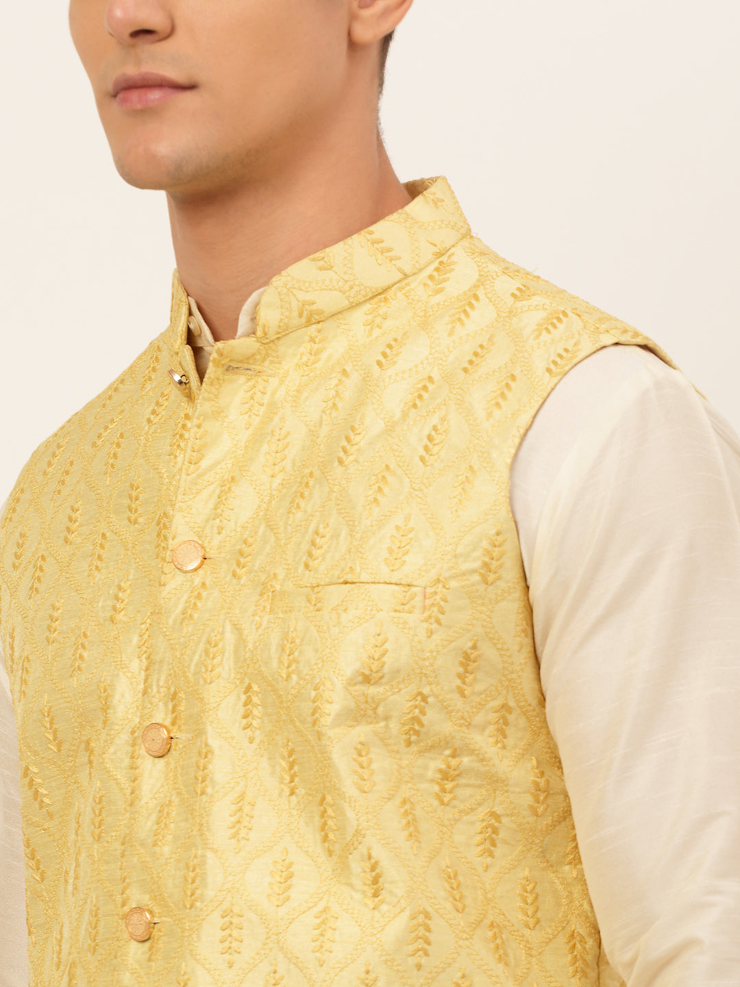 Golden Cotton Nehru Jacket: Men's Ethnic Wear | Waistcoat