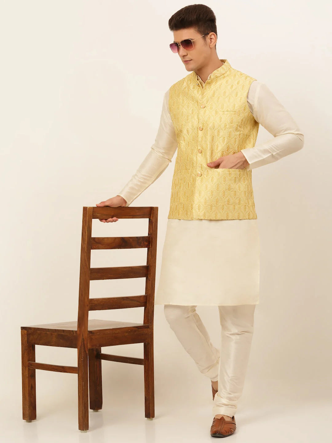 Golden Cotton Nehru Jacket: Men's Ethnic Wear | Waistcoat
