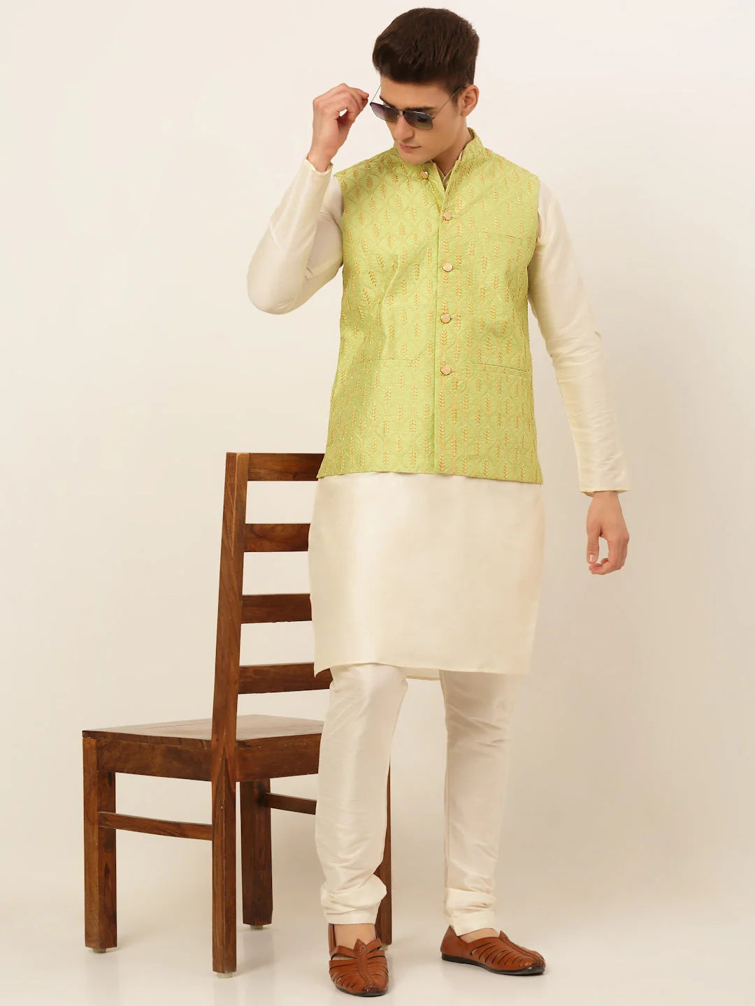 Green Nehru Jacket: Men's Ethnic Wear Cotton Waistcoat | Wedding