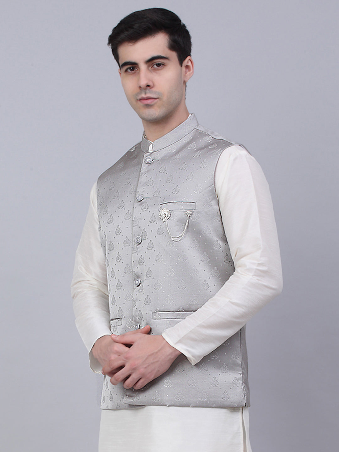 Grey Cotton Nehru Jackets: Men's Ethnic Wear Woven Waistcoat