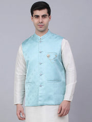 Men's Sky Blue Woven Design Waistcoats ( JOWC 4050Sky )-JOWC-4050