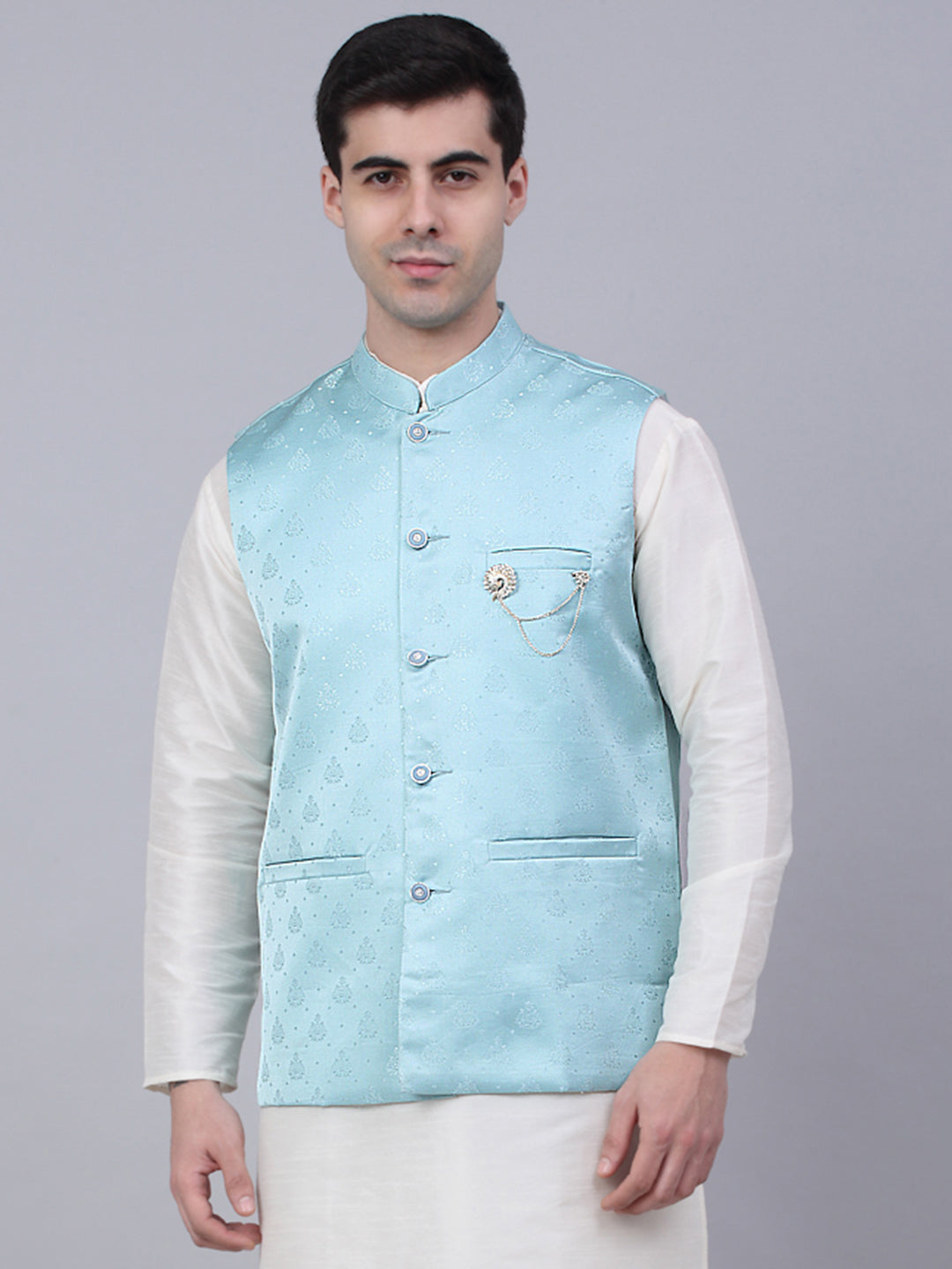 Men's Sky Blue Woven Design Waistcoats ( JOWC 4050Sky )-JOWC-4050