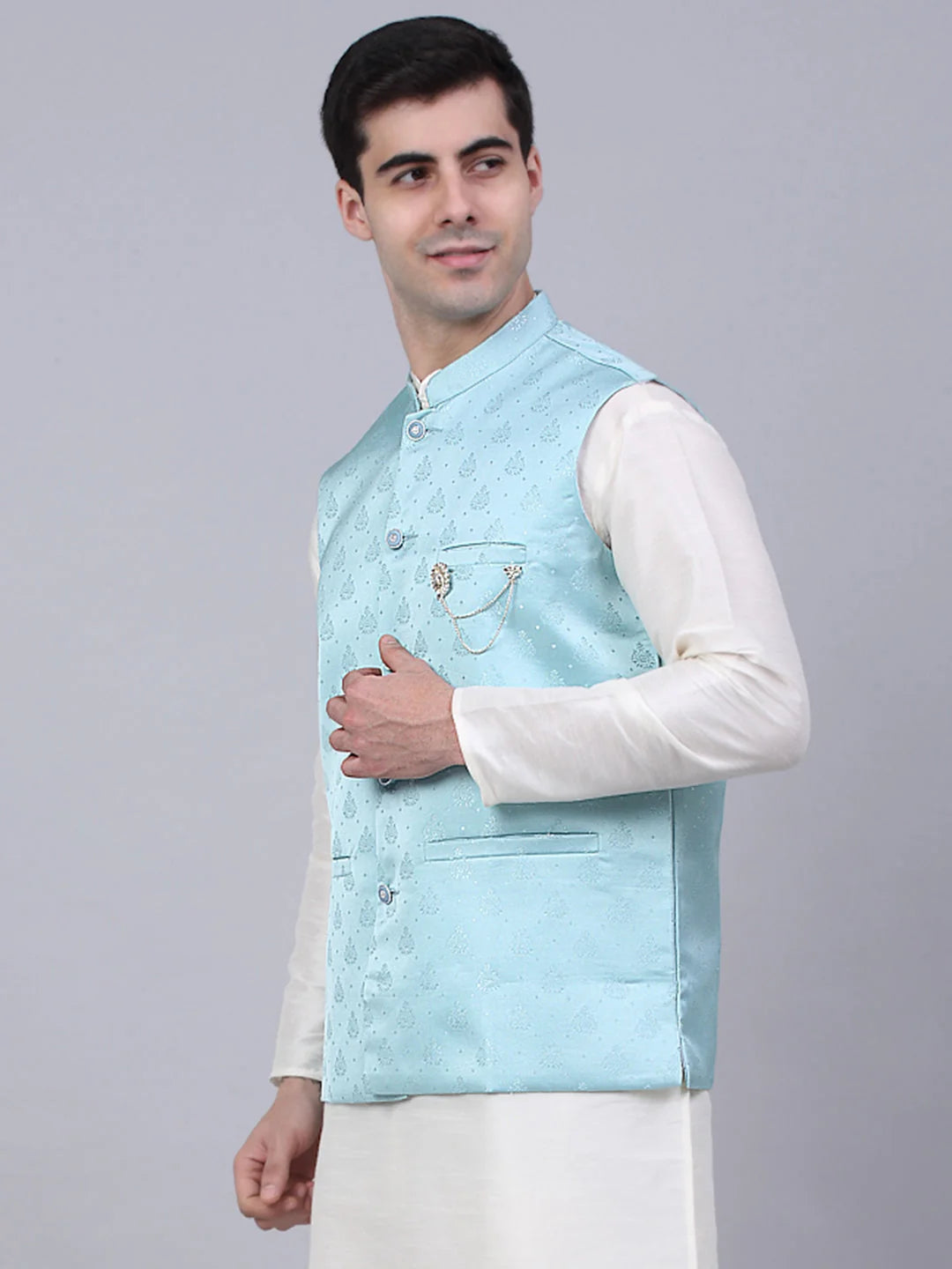Sky Blue Nehru Jacket: Men's Woven Ethnic Waistcoat | Cotton