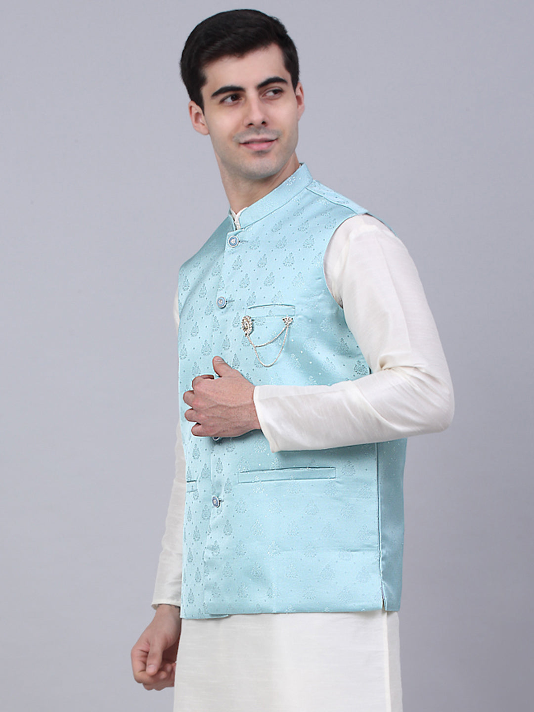 Sky Blue Nehru Jacket: Men's Woven Ethnic Waistcoat | Cotton
