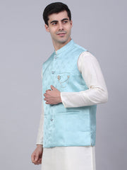 Men's Sky Blue Woven Design Waistcoats ( JOWC 4050Sky )-JOWC-4050