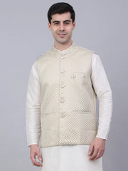 Men's Beige Woven Design Waistcoats ( JOWC 4066Beige )-JOWC-4066