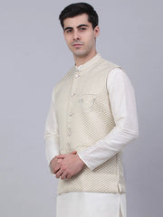 Men's Beige Woven Design Waistcoats ( JOWC 4066Beige )-JOWC-4066