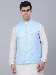 Men's Blue Woven Design Waistcoats ( JOWC 4066Blue )-JOWC-4066