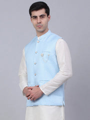 Men's Blue Woven Design Waistcoats ( JOWC 4066Blue )-JOWC-4066