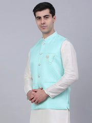 Men's Sky Blue Woven Design Waistcoats ( JOWC 4066Sky )-JOWC-4066