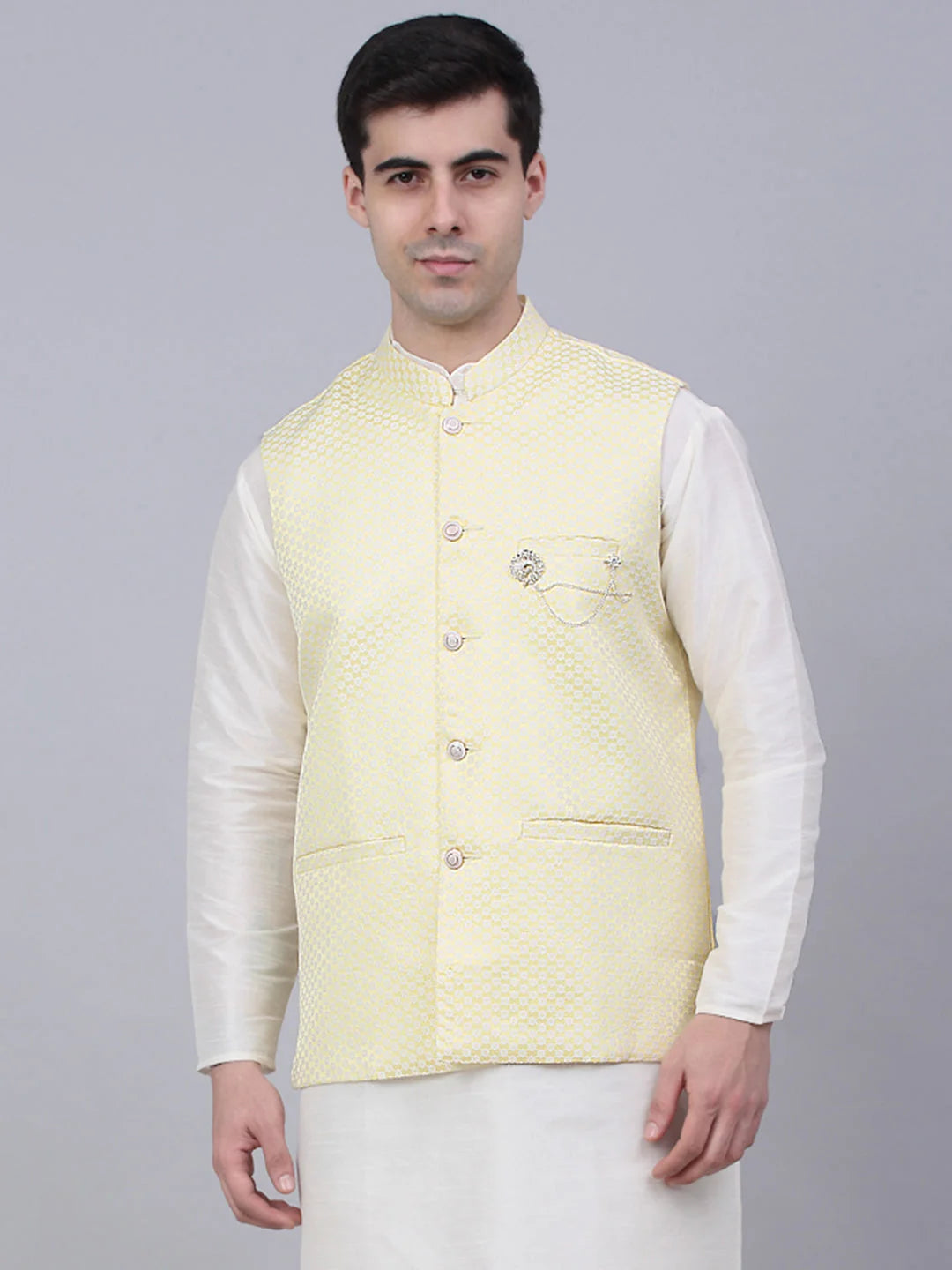 Men's Yellow Woven Design Waistcoats ( JOWC 4066Yellow )-JOWC-4066