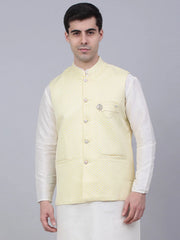 Men's Yellow Woven Design Waistcoats ( JOWC 4066Yellow )-JOWC-4066